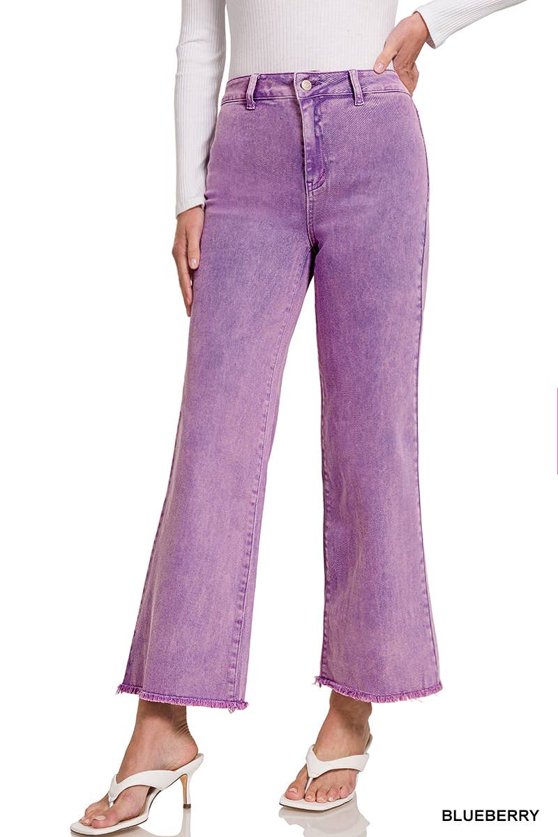 `Acid Wash Frayed Hem Straight Wide Denim Pants Zenana