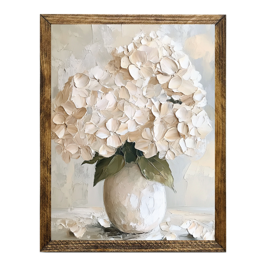 TIMBERLAND FRAME WHITE HYDRANGEA BOUQUET IN TEXTURED CERAMIC