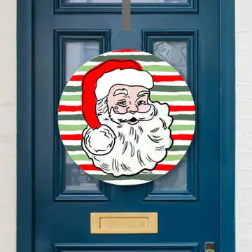 Vintage Santa on Christmas Stripes Door Hanger