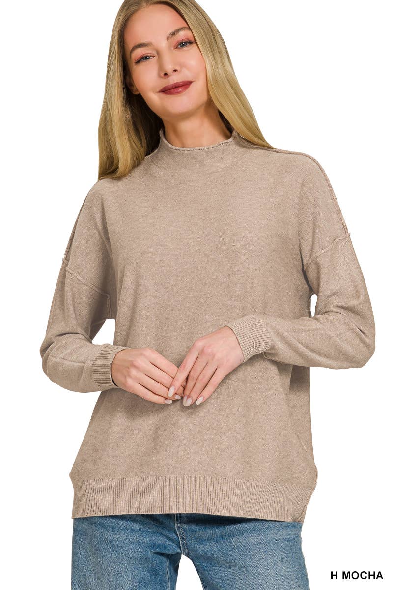 `Viscose Mock Neck Exposed Seam Sweater  Zenana