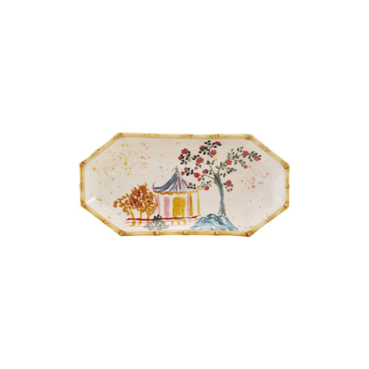 Hand Painted Rectangle Stoneware Tray with House, Tree, & Bamboo