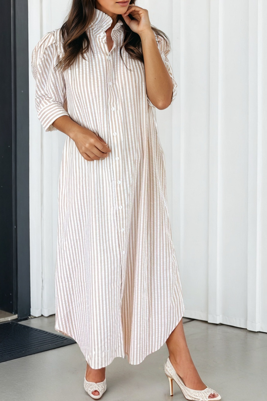 LAS Stripe Frilled Half Sleeve Shirt Maxi Dress (S-XL)