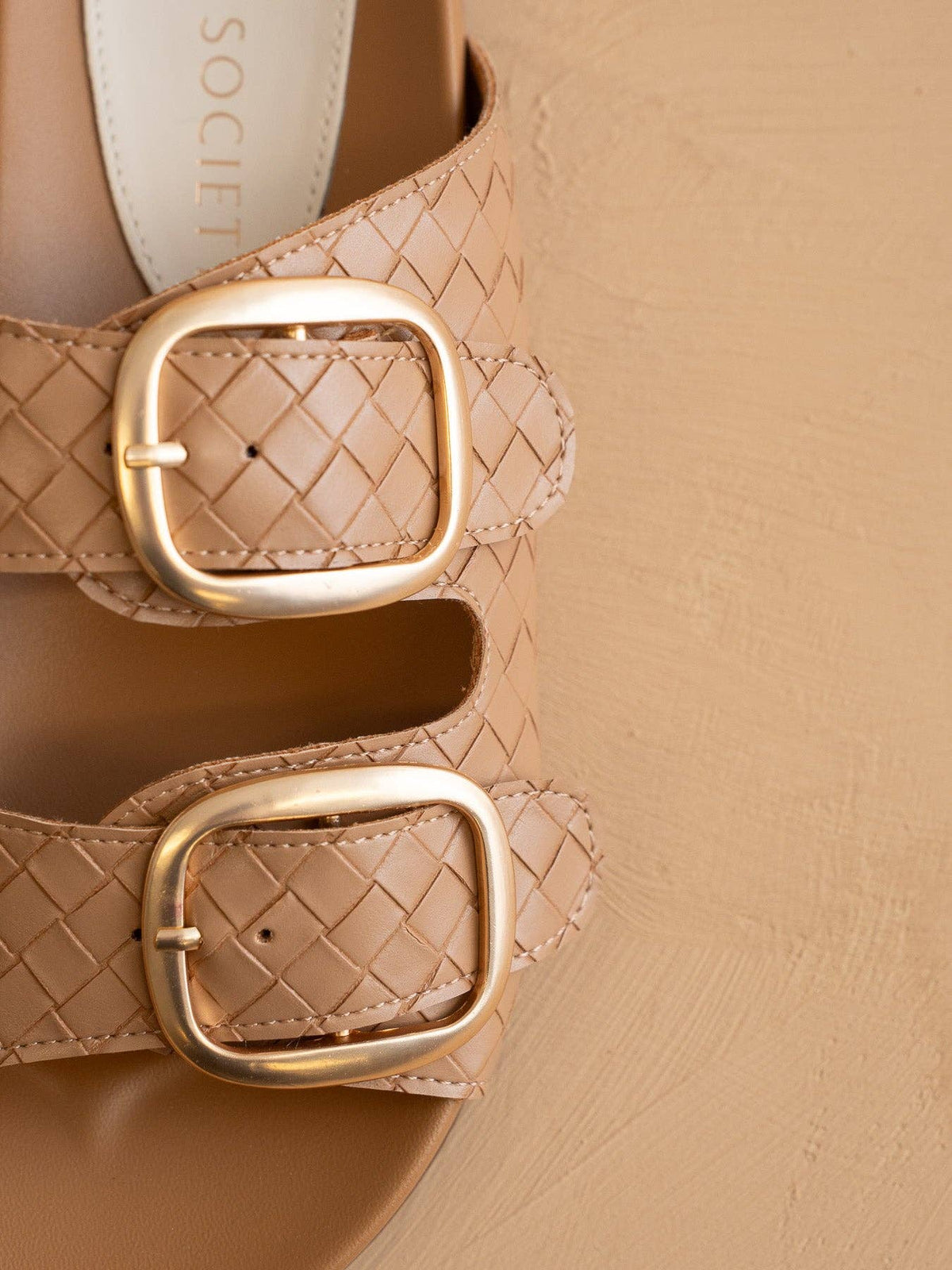 The Desiree | Almond Woven Spring Slide with Gold Buckles