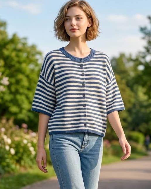 Striped Wool Blend Short Sleeve Cardigan Sweater
