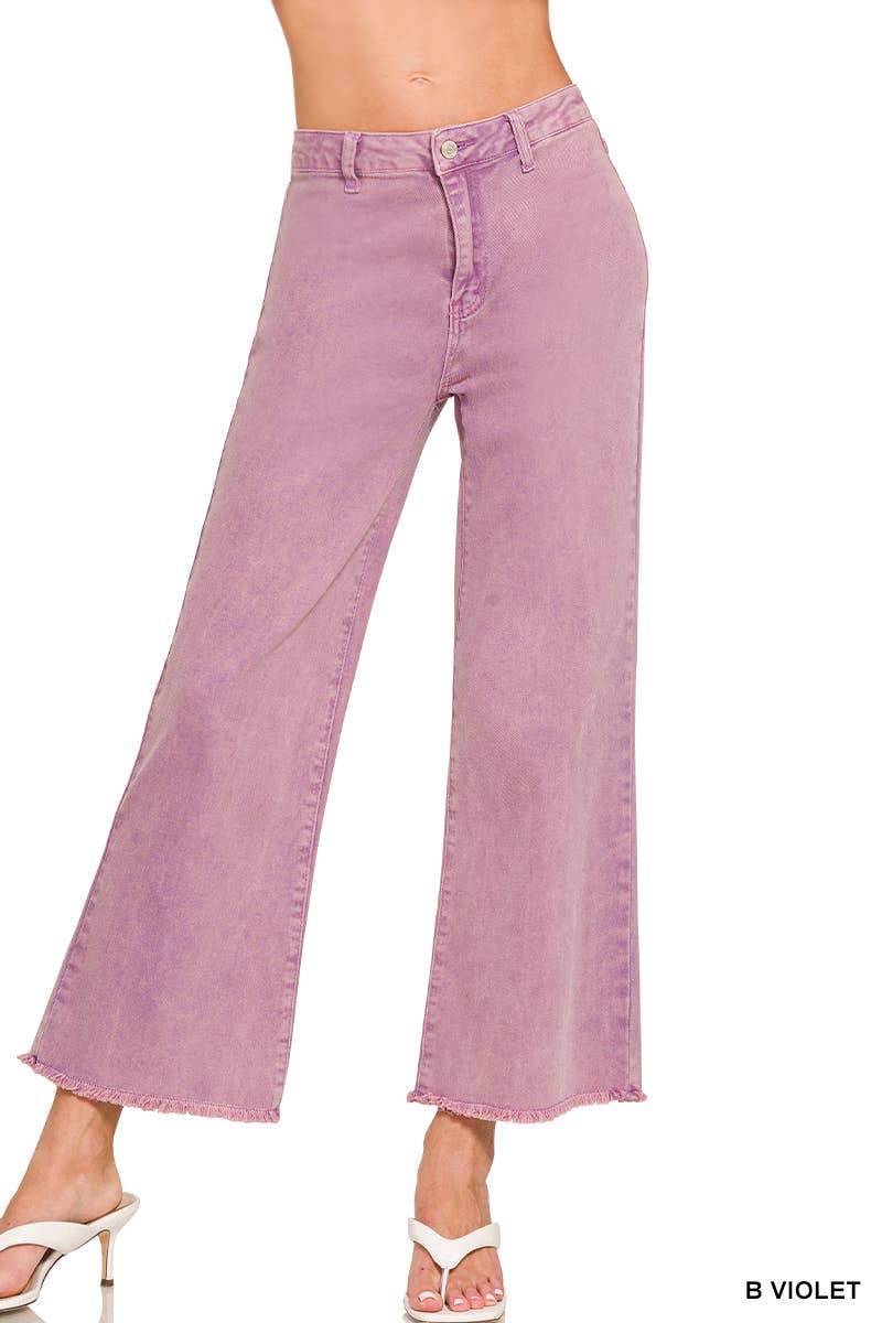 `Acid Wash Frayed Hem Straight Wide Denim Pants Zenana