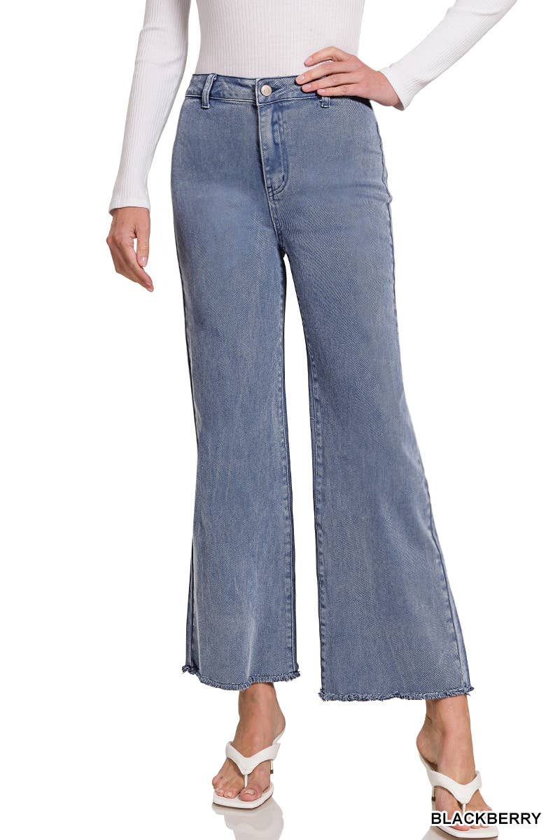 `Acid Wash Frayed Hem Straight Wide Denim Pants Zenana