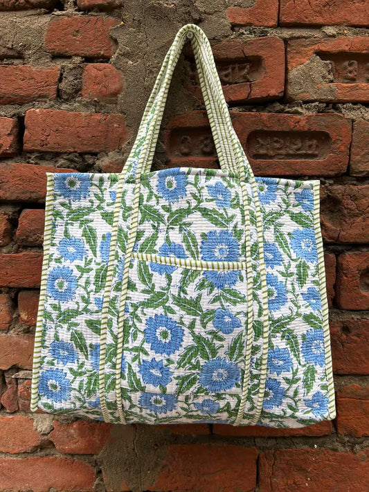 Blue Floral Quilted Tote
