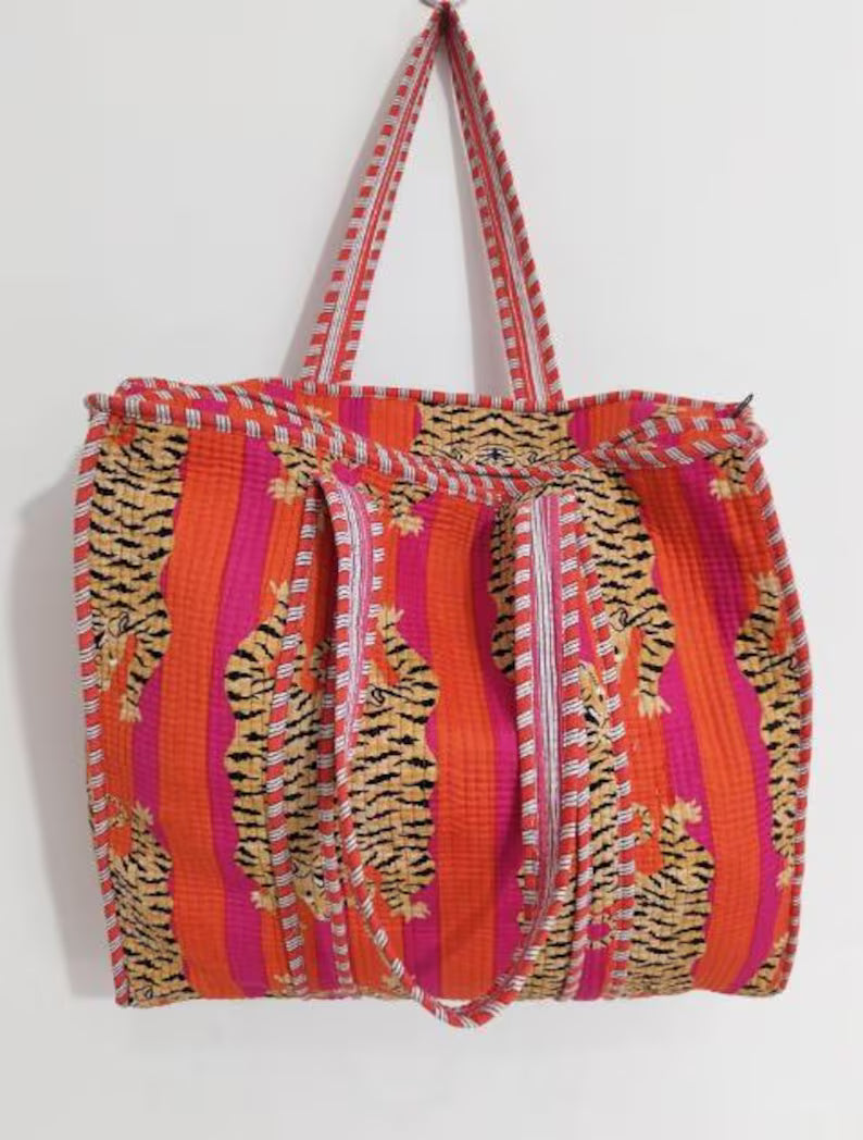 Orange and Hot Pink Striped Tiger Tote