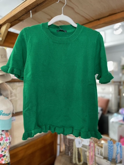 Green Ruffle Edge S/S Sweater