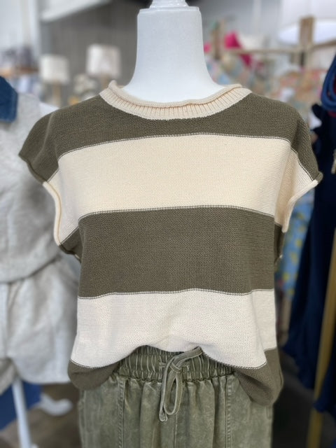 Olive and Ivory Stripe S/S Sweater