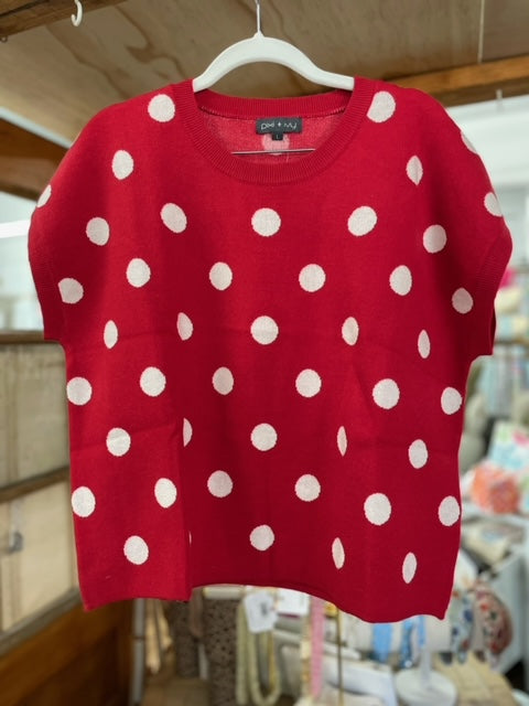 Red and White Polka Dot Short Sleeve Sweater